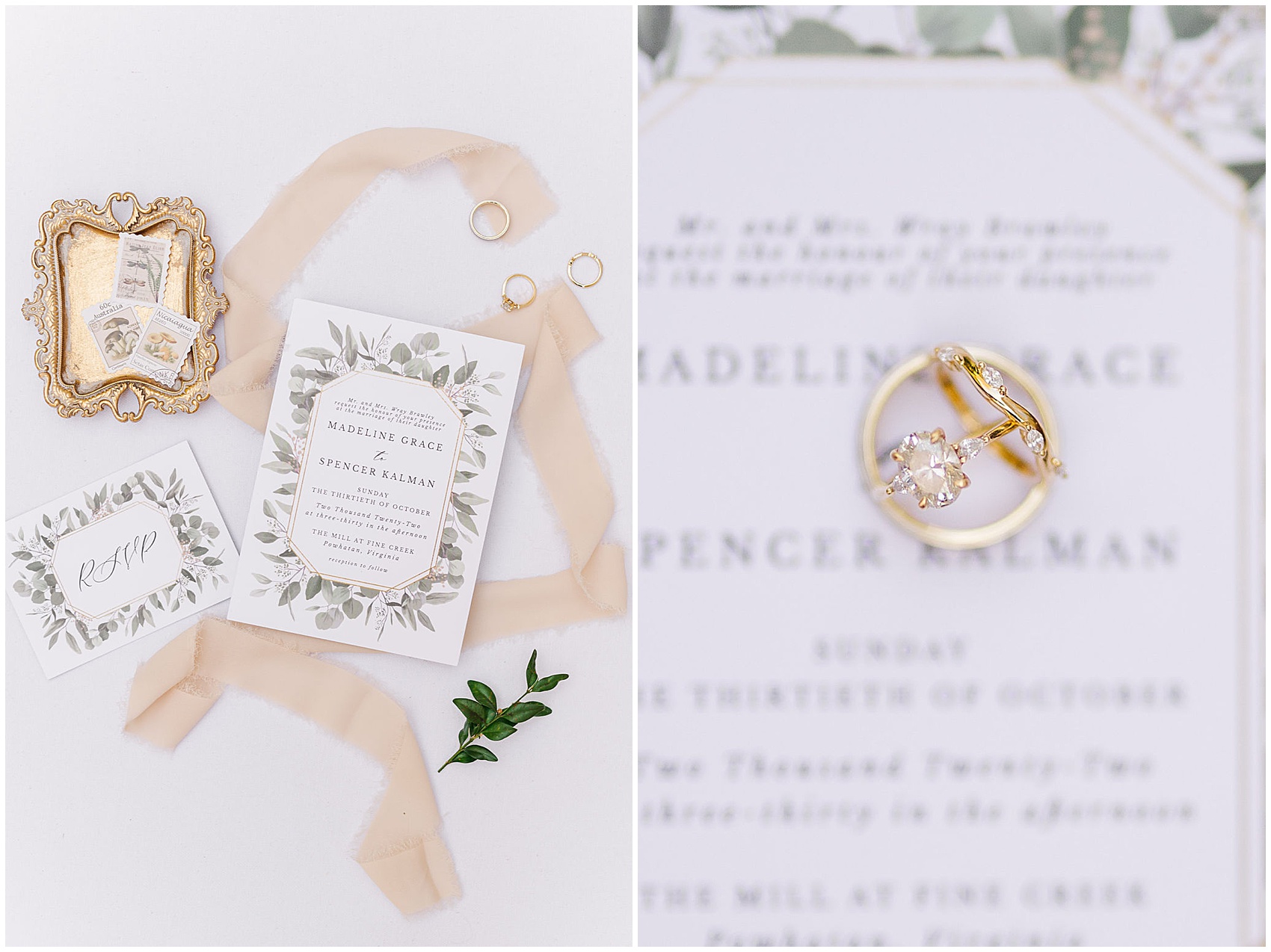 bridal details with invitation and rings at The Mill at Fine Creek Wedding Venue