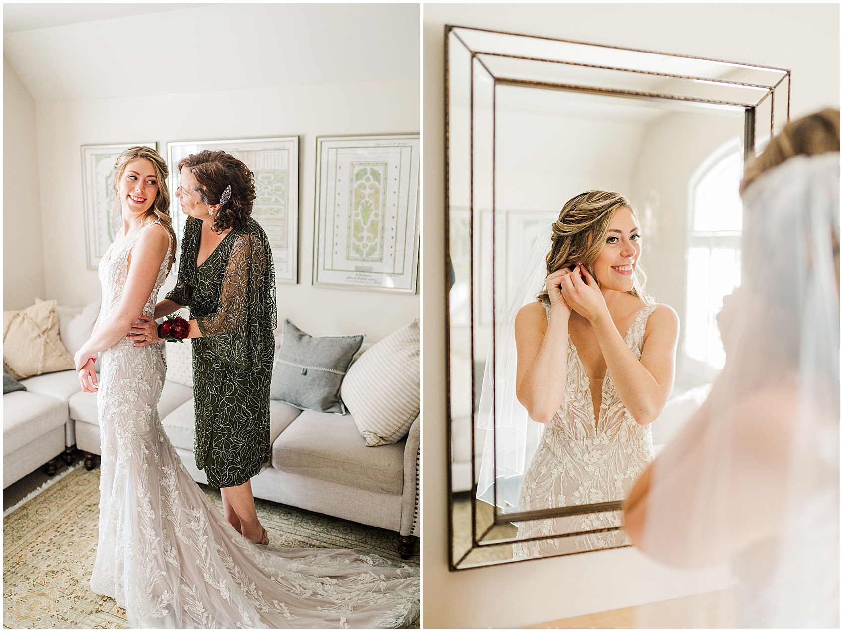 bride's mom helping her with her dress and bride putting on earrings
