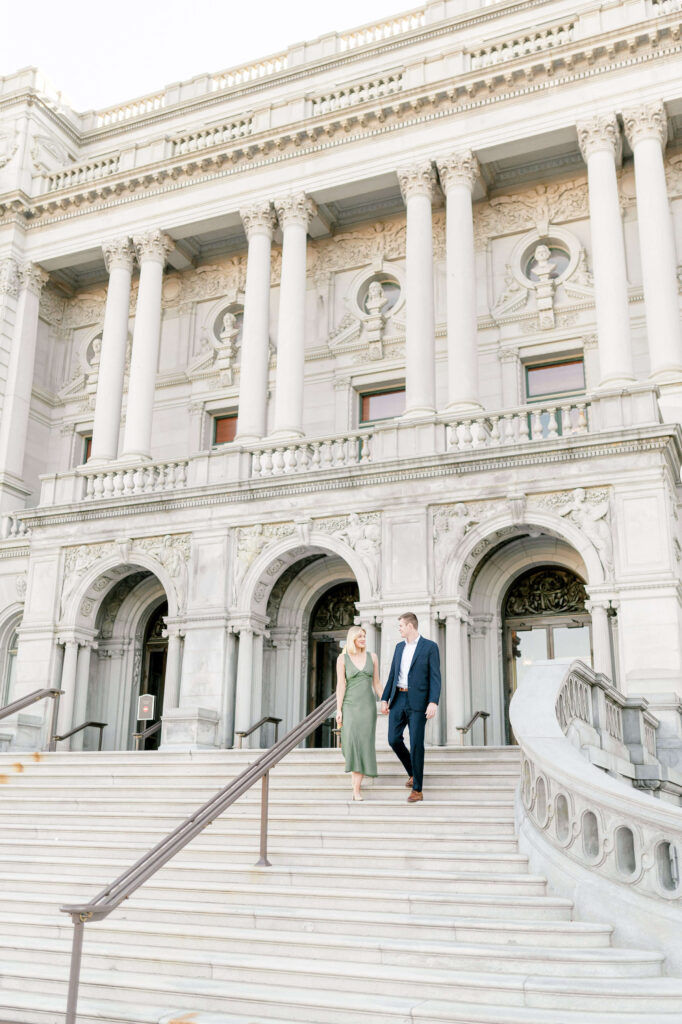 Couple walking down the steps of the Library of congress during DC Engagement Photos
